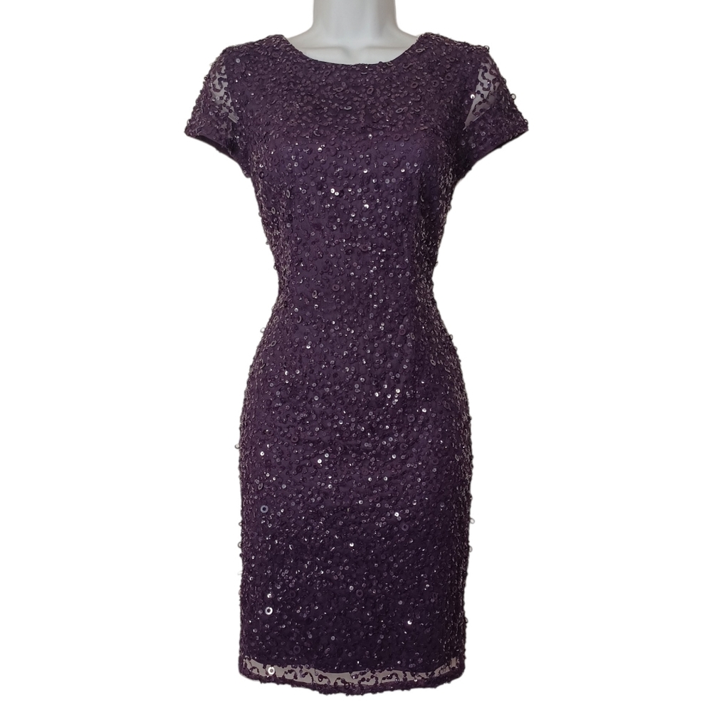 ADRIANNA PAPELL Beaded Sequin Plum Purple Short Sleeve Cocktail Dress 2 X-Small